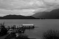 Harrison Hot Springs, CANADA - December 21, 2018: morning on beautiful Harrison lake and cloudy sky Royalty Free Stock Photo