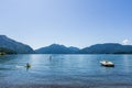 Harrison Hot Springs, CANADA - JULY 28, 2019: people enjoy summer day on Harrison lake with blue sky Royalty Free Stock Photo