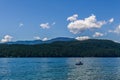 Harrison Hot Springs, CANADA - JULY 28, 2019: people enjoy summer day on Harrison lake with blue sky Royalty Free Stock Photo