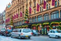 Harrods store facade decorated for Christmas, London UK