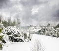 Harsh northern Misty landscape. Ruskeala marble quarries in Kare Royalty Free Stock Photo