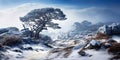 A harsh northern winter landscape with a snow-covered tree in the mountains among the stones
