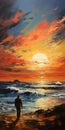 Harsh Palette Knife Sunset Painting With Man Walking On Beach