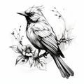 Harsh Realism: Detailed Black And White Bird On Branch With Eye-catching Floral Accents