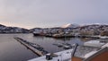 Harstad city harbour at sunrise in winter in Northern Norway Royalty Free Stock Photo