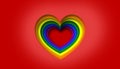 Hart rainbow illustration shape with shadows. LGBTQ concept in red background