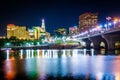 The Hartford skyline and Founder's Bridge at night, in Hartford, Royalty Free Stock Photo
