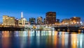 Hartford skyline and Founders Bridge at dusk