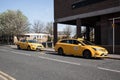 Pair of yellow taxi cabs waiting on a public road for customers