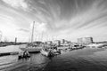 Hartlepool marina yachts moored on a sunny day with beautiful clouds in black and white Royalty Free Stock Photo