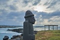 The harubang statue at a park near the ocean of Jeju Island, South Korea