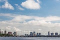 Harvard Bridge before Boston skyline over Charles River, blue sky with clouds Royalty Free Stock Photo