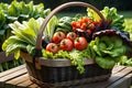 Harvest Abundance: Freshly Harvested Vegetables Arranged in a Rustic Wooden Basket, Dew Still Visible on Vibrant Green Leaves Royalty Free Stock Photo