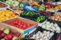 Harvest of agricultural products at the farmers ` market is ready for sale. Farmers collected tomatoes, onions, garlic, cucumbers Royalty Free Stock Photo