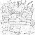 Harvest basket.Vegetables in a basket.Coloring book antistress for children and adults.Zen-tangle style. Hand draw