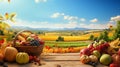 Harvest Bounty: Background Design with a Basket of Fall Produce on a Harvest Table Royalty Free Stock Photo