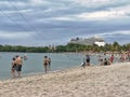 Harvest Caye, Belize - December 3, 2019: Cruise ship staying at Harvest Caye Belize private island port. Beautiful West Caribbean