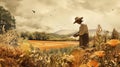 Harvest concept collage featuring a gardener working in the field