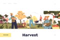 Harvest concept of landing page with autumn harvesting on farm. Farmers pick fruits and vegetables