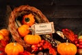 Harvest cornucopia with Happy Thanksgiving gift tag