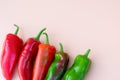 Harvest of different multi colored red green sweet bell peppers. Row