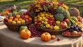 Harvest Feast still life with fruits and vegetables on a table in the garden Royalty Free Stock Photo