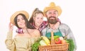 Harvest festival concept. Family farmers gardeners vegetables harvest isolated white background. Family rustic farmers