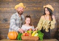 Harvest festival concept. Family farmers with harvest wooden background. Family rustic style farmers market with fall Royalty Free Stock Photo