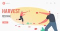 Harvest Festival Landing Page Template. Happy Characters Throw Vegetable to Eath Other Celebrate La Tomatina Holiday