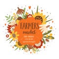 Harvest Festival poster. Autumn fest banner decorated pumpkin, sunflower fall leaves. Autumn harvest vector illustration