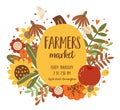 Harvest Festival poster. Autumn fest banner decorated pumpkin, sunflower fall leaves. Fall harvest vector illustration