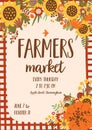 Harvest Festival Poster. Autumn fest banner decorated pumpkin, sunflowers, fall leaves. Fall harvest card