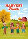 Harvest Festival Poster. Cute Children with harvested vegetables and fruit. Farm or field landscape. Vector illustration Royalty Free Stock Photo