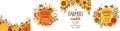 Harvest Festival posters set. Autumn fest banner collection. Cute pumpkin, sunflower fall leaves. Autumn harvest market
