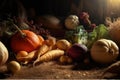 Harvest festival, pumpkin, cabbage, carrot, potatoes, onions harvesting, Thanksgiving Day background, AI Generated Royalty Free Stock Photo