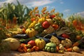 Harvest festival, pumpkin, cabbage, squash, corn, onions harvesting, Thanksgiving Day background, AI Generated