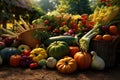 Harvest festival, pumpkin, cabbage, squash, corn, onions harvesting, Thanksgiving Day background, AI Generated