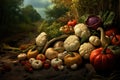 Harvest festival, pumpkin, cabbage, tomatoes, onions harvesting, Thanksgiving Day background, AI Generated Royalty Free Stock Photo