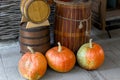 Harvest Festival, three large bright orange pumpkins are positioned near large wooden barrels of various sizes.