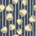 Harvest food seamless pattern with abstract pear elements ornament. Navy blue and grey striped background Royalty Free Stock Photo
