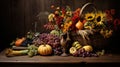 Harvest foods set up on display with cottage style background. Royalty Free Stock Photo