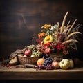Harvest foods set up on display with cottage style background. Royalty Free Stock Photo