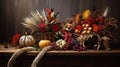 Harvest foods set up on display with cottage style background. Royalty Free Stock Photo