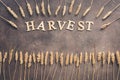 Harvest - frame of golden wheat ears on a brown rustic background. Autumn creative layout. Flat lay, top view