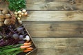 Harvest fresh vegetables from carrot, beetroot, onion, garlic on old wooden board. Top view. Gardening. Copy space. Royalty Free Stock Photo