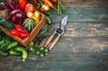 Harvest fresh vegetables on old wooden board