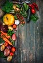 Harvest fresh vegetables on old wooden board