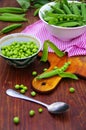 Harvest green peas, food background, colorful green beans