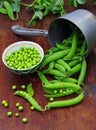 Harvest green peas, food background, colorful green beans