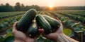 Harvest. Hands with cucumber vegetables against field Royalty Free Stock Photo